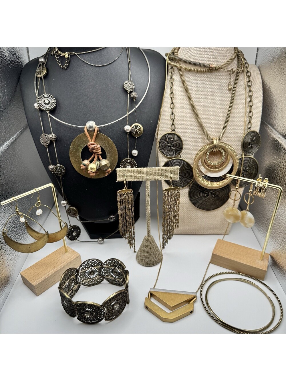 VTG Boho Statement Jewelry Lot Brass Bronze Brutalist Tribal Necklaces Earrings